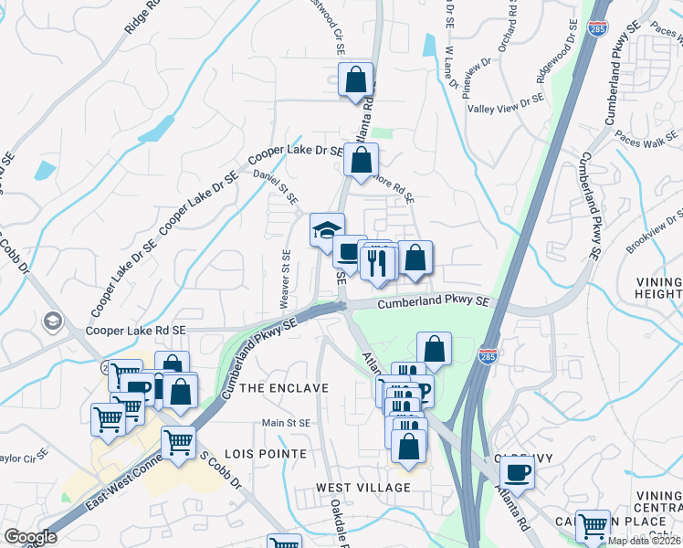map of restaurants, bars, coffee shops, grocery stores, and more near 4715 Atlanta Road Southeast in Atlanta