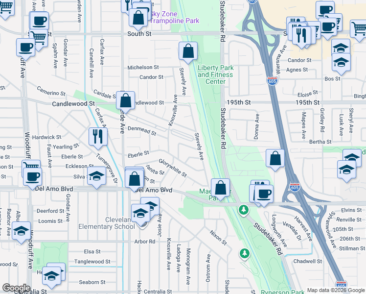 map of restaurants, bars, coffee shops, grocery stores, and more near 6720 Denmead Street in Lakewood