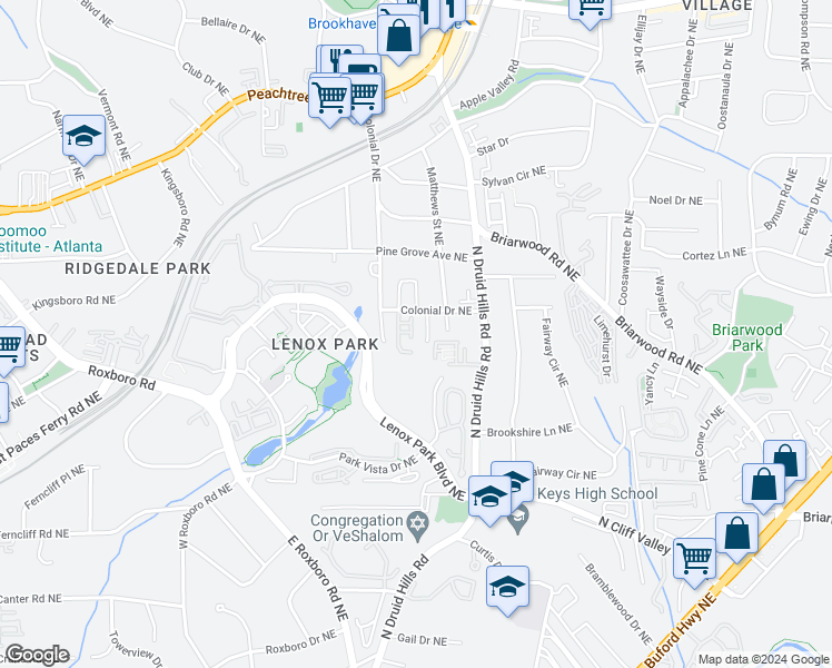 map of restaurants, bars, coffee shops, grocery stores, and more near 1170 Brookhaven Woods Court in Atlanta