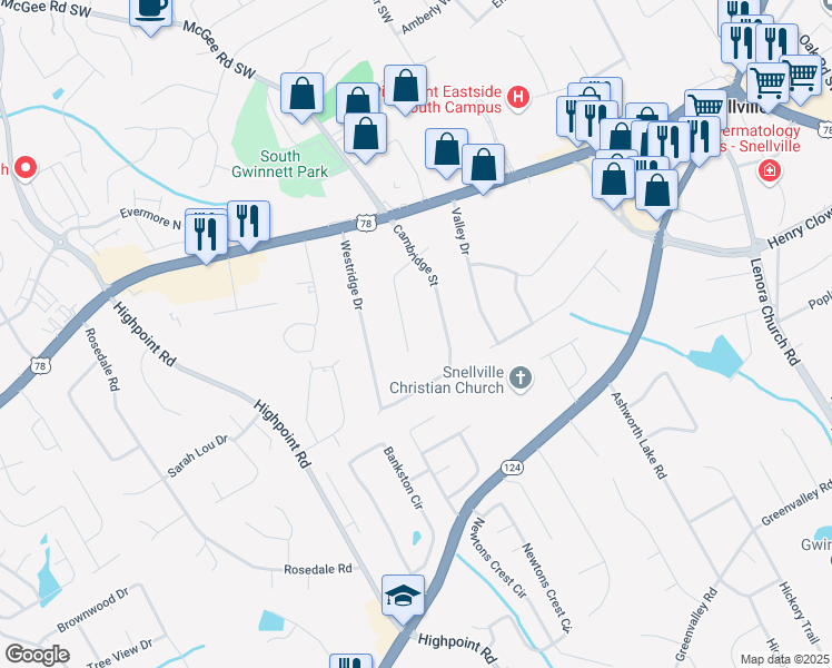 map of restaurants, bars, coffee shops, grocery stores, and more near 2324 Sussex Court in Snellville