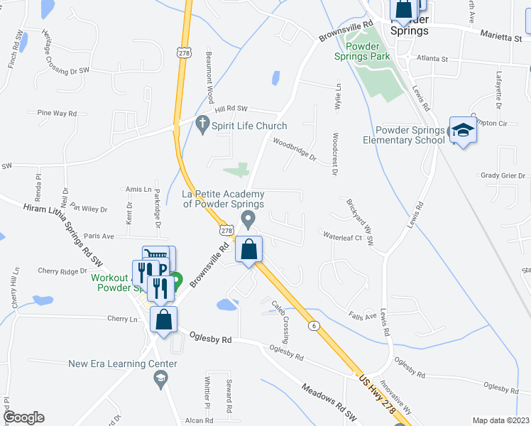 map of restaurants, bars, coffee shops, grocery stores, and more near 5077 Furlong Way in Powder Springs
