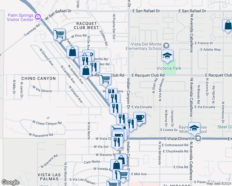 map of restaurants, bars, coffee shops, grocery stores, and more near 195 West Vía Olivera in Palm Springs