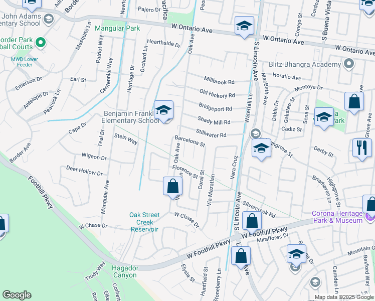 map of restaurants, bars, coffee shops, grocery stores, and more near 2820 Athens Circle in Corona