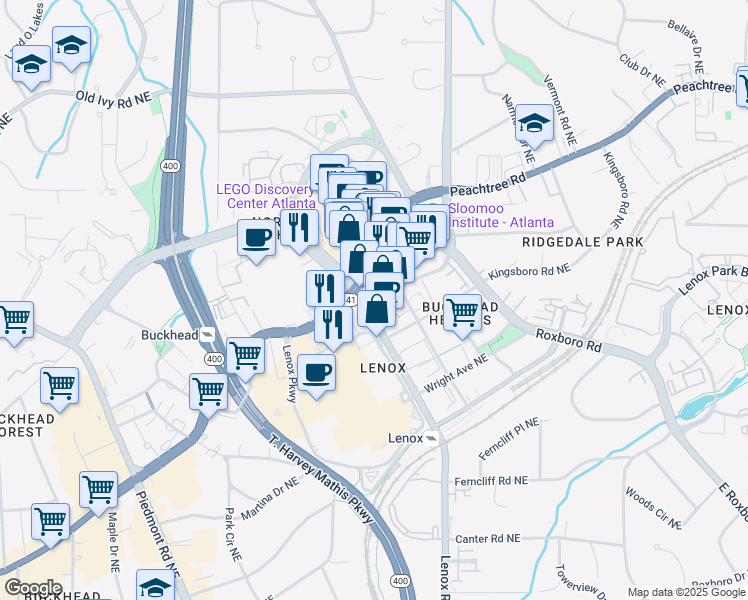 map of restaurants, bars, coffee shops, grocery stores, and more near 3438 Peachtree Road in Atlanta
