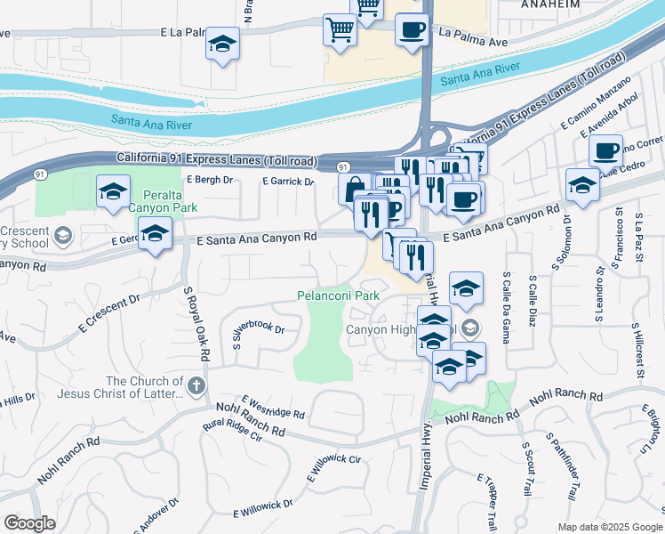 map of restaurants, bars, coffee shops, grocery stores, and more near 155 South Avenue Felipe in Anaheim