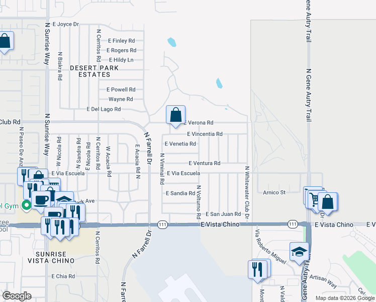map of restaurants, bars, coffee shops, grocery stores, and more near 2895 East Venetia Road in Palm Springs