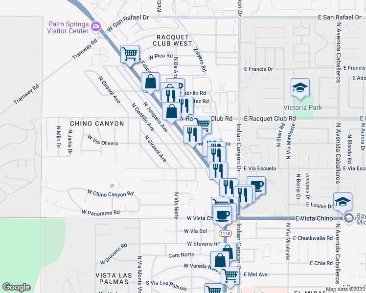 map of restaurants, bars, coffee shops, grocery stores, and more near 2300 North Palm Canyon Drive in Palm Springs
