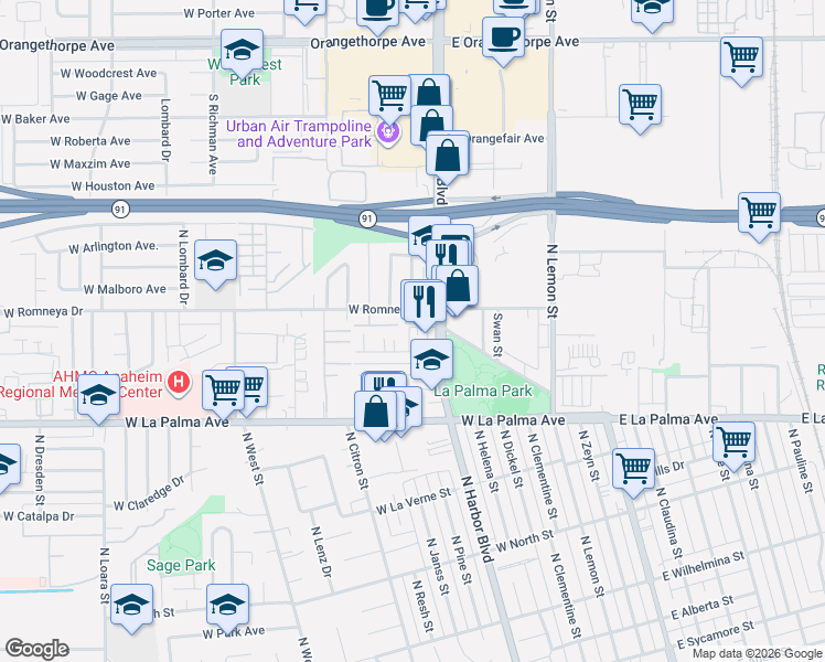 map of restaurants, bars, coffee shops, grocery stores, and more near 520 West Romneya Drive in Anaheim