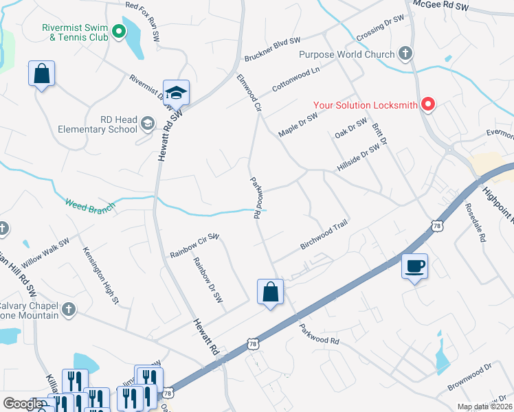 map of restaurants, bars, coffee shops, grocery stores, and more near 1953 Parkwood Road in Snellville