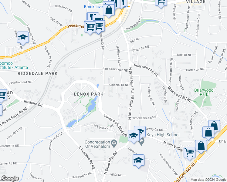 map of restaurants, bars, coffee shops, grocery stores, and more near 1170 Brookhaven Woods Court in Atlanta