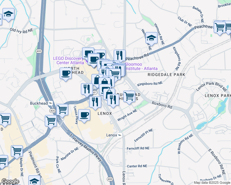 map of restaurants, bars, coffee shops, grocery stores, and more near 3475 Oak Valley Road Northeast in Atlanta