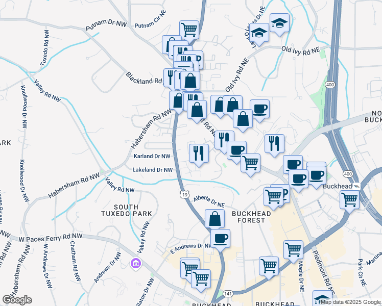 map of restaurants, bars, coffee shops, grocery stores, and more near 3481 Landen Pine Court NorthEast in Atlanta