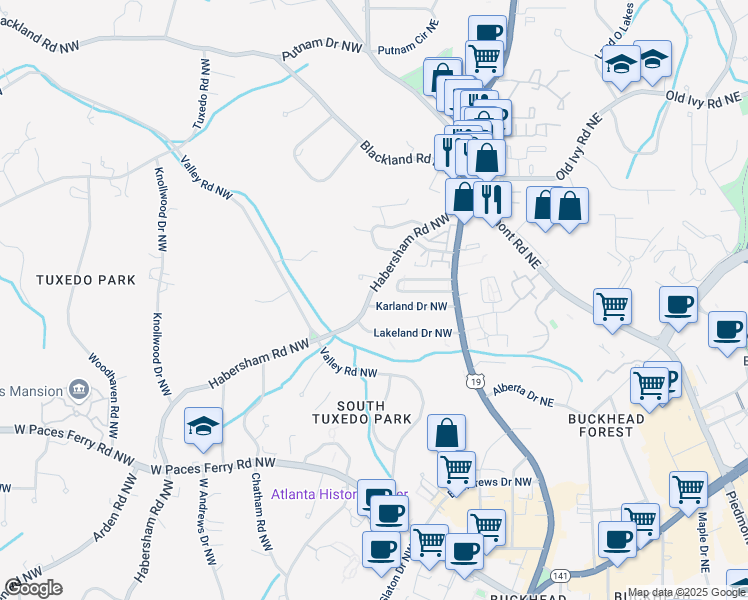 map of restaurants, bars, coffee shops, grocery stores, and more near 3495 Habersham Road Northwest in Atlanta
