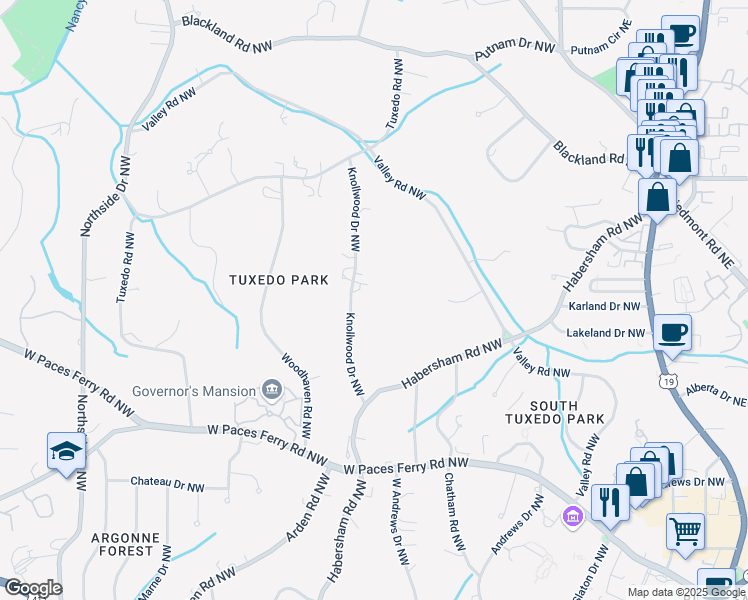 map of restaurants, bars, coffee shops, grocery stores, and more near 3489 Knollwood Drive Northwest in Atlanta
