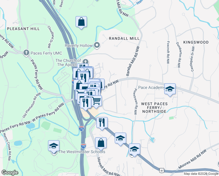 map of restaurants, bars, coffee shops, grocery stores, and more near 1155 West Paces Ferry Road Northwest in Atlanta