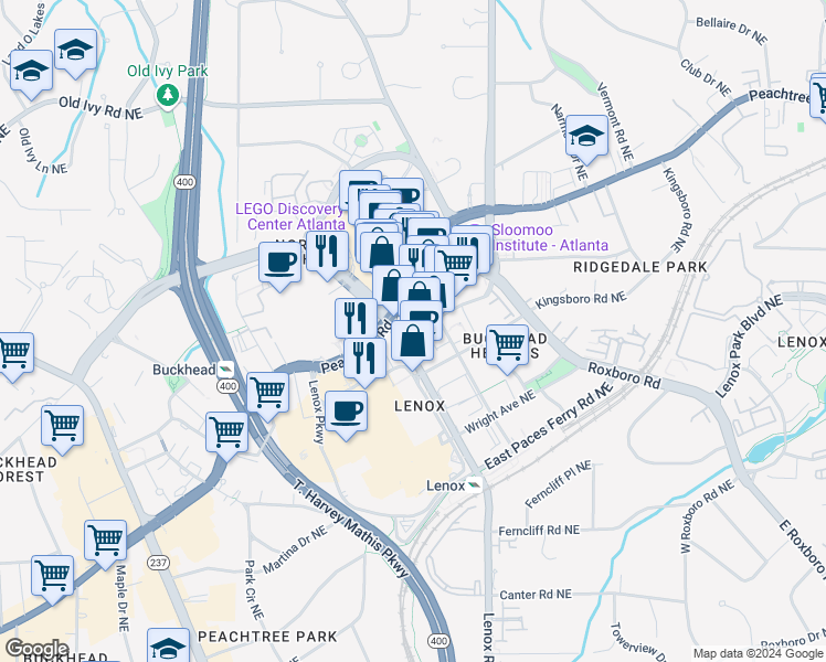 map of restaurants, bars, coffee shops, grocery stores, and more near 3445 Peachtree Road Northeast in Atlanta