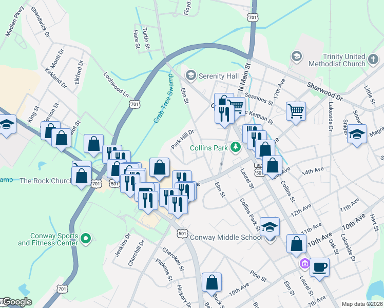 map of restaurants, bars, coffee shops, grocery stores, and more near 1264 Park Hill Drive in Conway