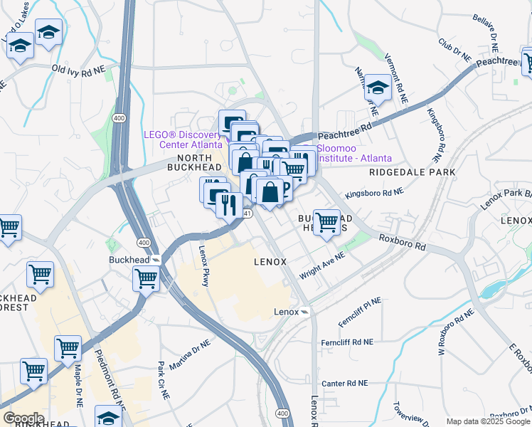 map of restaurants, bars, coffee shops, grocery stores, and more near 3445 Peachtree Road Northeast in Atlanta