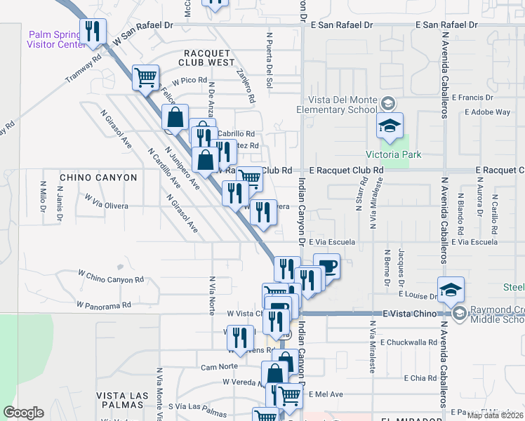 map of restaurants, bars, coffee shops, grocery stores, and more near 215 West Vía Olivera in Palm Springs
