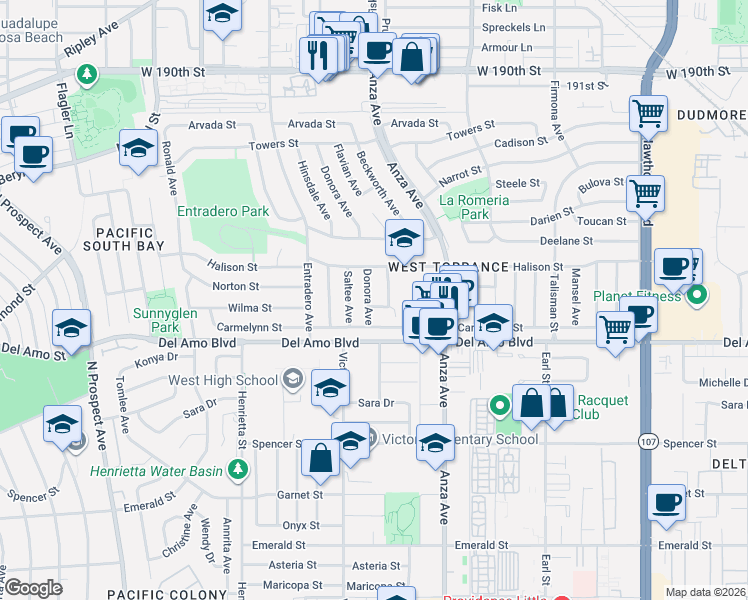 map of restaurants, bars, coffee shops, grocery stores, and more near 20020 Donora Avenue in Torrance
