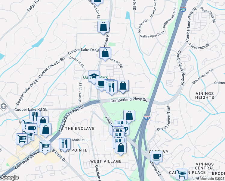 map of restaurants, bars, coffee shops, grocery stores, and more near 1675 Cumberland Parkway Southeast in Smyrna