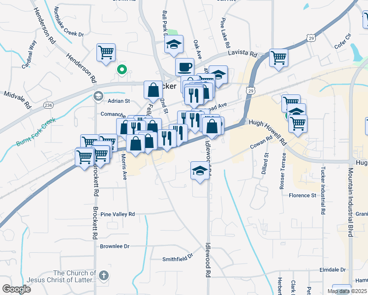 map of restaurants, bars, coffee shops, grocery stores, and more near 4065 Lawrenceville Highway in Tucker