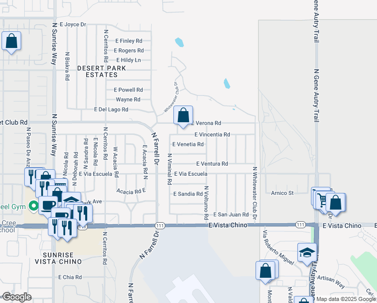 map of restaurants, bars, coffee shops, grocery stores, and more near 2790 East Valencia Road in Palm Springs