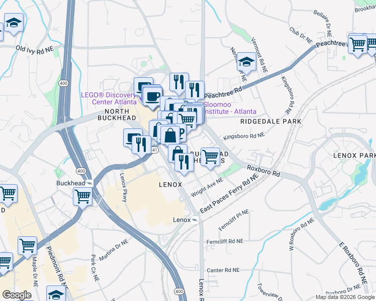 map of restaurants, bars, coffee shops, grocery stores, and more near 3475 Oak Valley Road Northeast in Atlanta