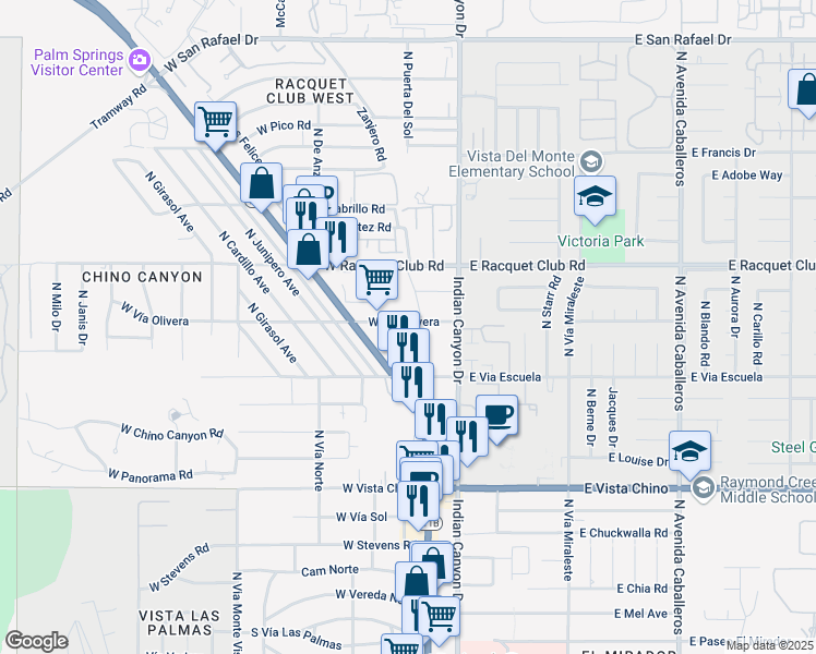 map of restaurants, bars, coffee shops, grocery stores, and more near 199 West Vía Olivera in Palm Springs
