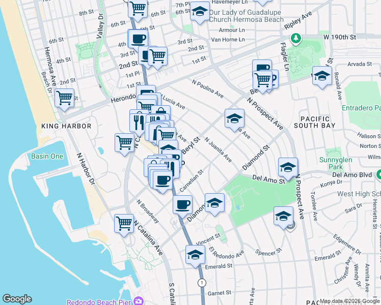 map of restaurants, bars, coffee shops, grocery stores, and more near 620 Beryl Street in Redondo Beach