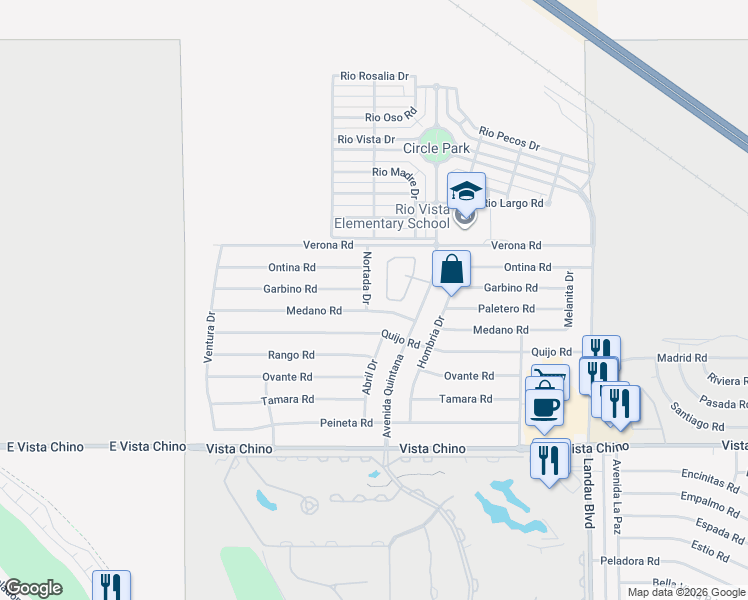 map of restaurants, bars, coffee shops, grocery stores, and more near 27250 Nortada Drive in Cathedral City
