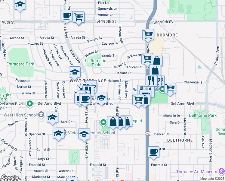 map of restaurants, bars, coffee shops, grocery stores, and more near 20017 Bernist Avenue in Torrance