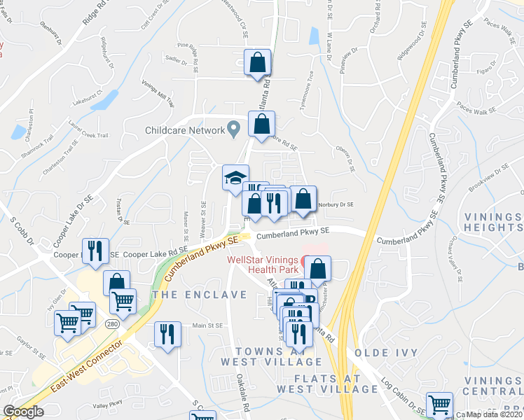 map of restaurants, bars, coffee shops, grocery stores, and more near 2108 Monhegan Way in Smyrna