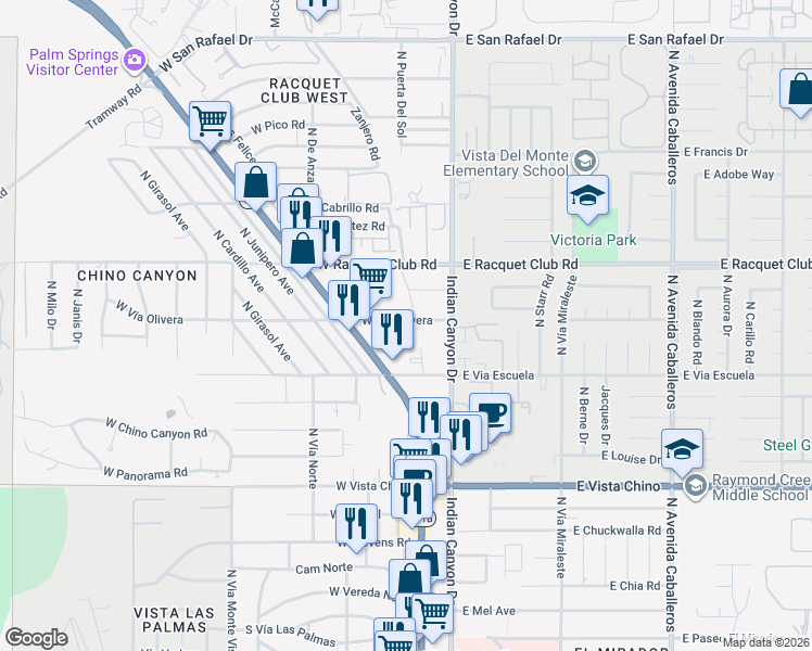 map of restaurants, bars, coffee shops, grocery stores, and more near 197 West Vía Olivera in Palm Springs