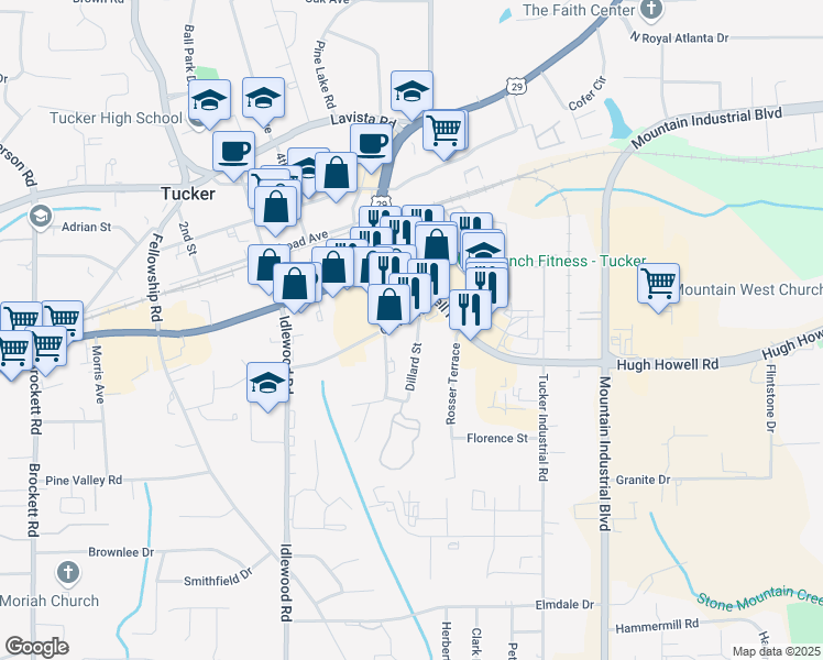map of restaurants, bars, coffee shops, grocery stores, and more near 4437 Cowan Road in Tucker