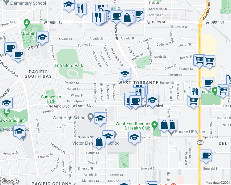 map of restaurants, bars, coffee shops, grocery stores, and more near 20020 Donora Avenue in Torrance