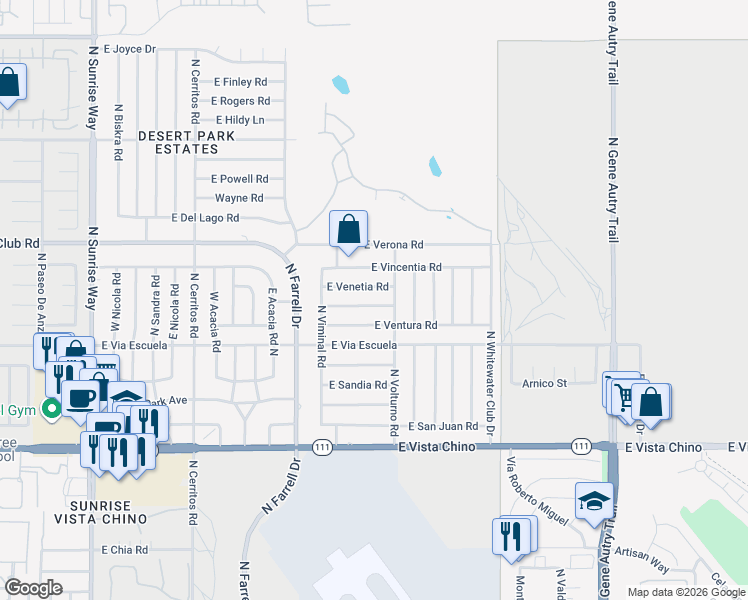map of restaurants, bars, coffee shops, grocery stores, and more near 2895 East Venetia Road in Palm Springs