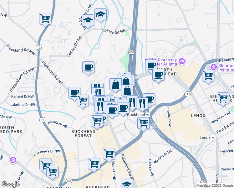 map of restaurants, bars, coffee shops, grocery stores, and more near 2 Buckhead Loop Northeast in Atlanta