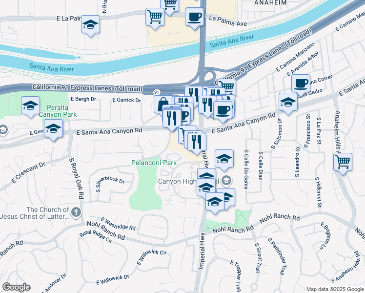 map of restaurants, bars, coffee shops, grocery stores, and more near 5576 East Santa Ana Canyon Road in Anaheim