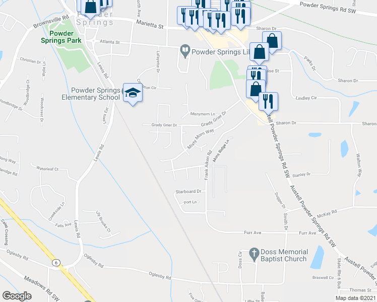 map of restaurants, bars, coffee shops, grocery stores, and more near 4309 Morningside Drive in Powder Springs