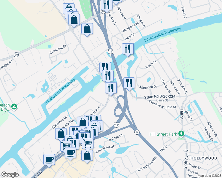 map of restaurants, bars, coffee shops, grocery stores, and more near 2120 Sea Mountain Highway in North Myrtle Beach