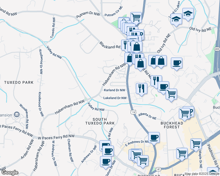 map of restaurants, bars, coffee shops, grocery stores, and more near 91 Karland Drive Northwest in Atlanta