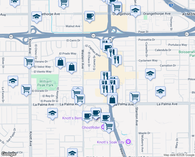 map of restaurants, bars, coffee shops, grocery stores, and more near 7575 El Escorial Way in Buena Park