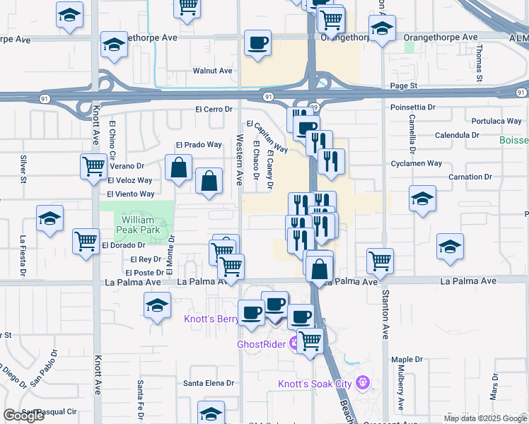 map of restaurants, bars, coffee shops, grocery stores, and more near 7733 Beach Boulevard in Buena Park