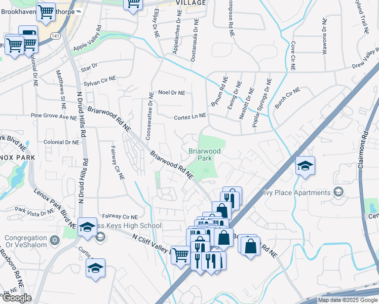 map of restaurants, bars, coffee shops, grocery stores, and more near 1470 Briarwood Road Northeast in Brookhaven