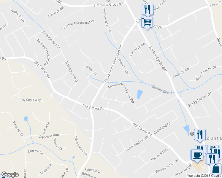 map of restaurants, bars, coffee shops, grocery stores, and more near 772 Mountainbrooke Circle Southwest in Stone Mountain