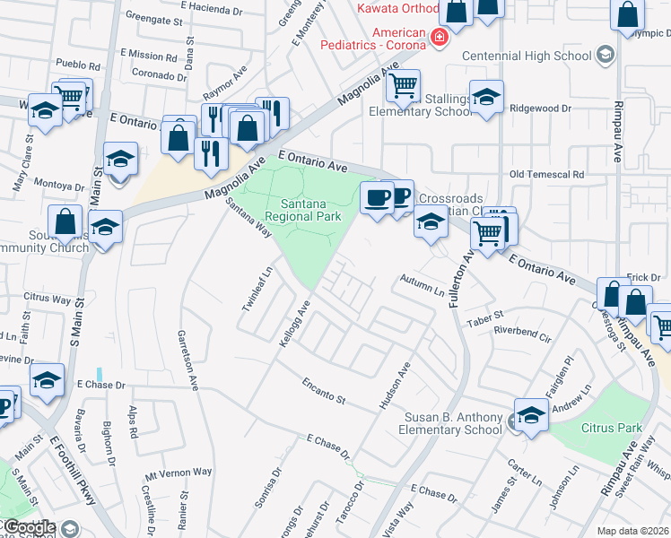 map of restaurants, bars, coffee shops, grocery stores, and more near 2430 Via Alicante in Corona