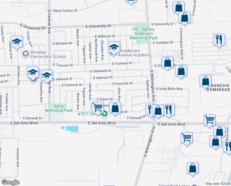 map of restaurants, bars, coffee shops, grocery stores, and more near 20010 Earlie Avenue in Carson