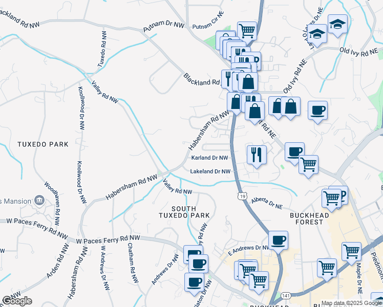 map of restaurants, bars, coffee shops, grocery stores, and more near 3495 Habersham Road Northwest in Atlanta