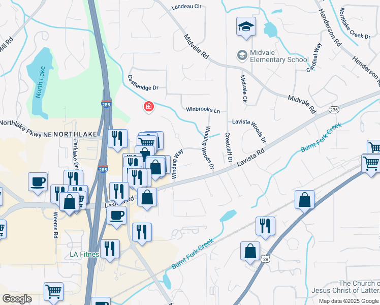 map of restaurants, bars, coffee shops, grocery stores, and more near 2242 Winding Way in Tucker